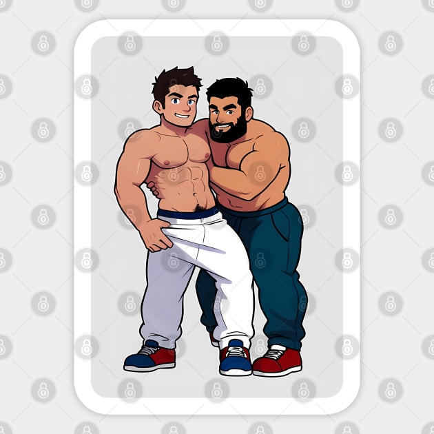 Cartoon of two toned topless guys in sweatpants, play wrestling Sticker by YasBro